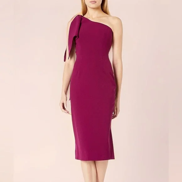 DRESS THE POPULATION Tiffany One-Shoulder Maroon Dark Magenta Dress Size S NWT - Picture 7 of 11